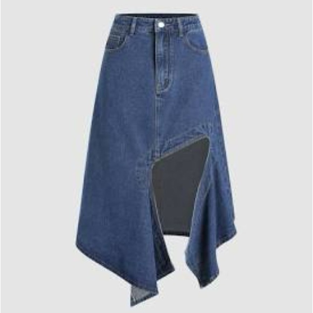 Cider Avant Garde Denim Asymmetrical Midi Slit Jean Skirt XS High Waist Pockets